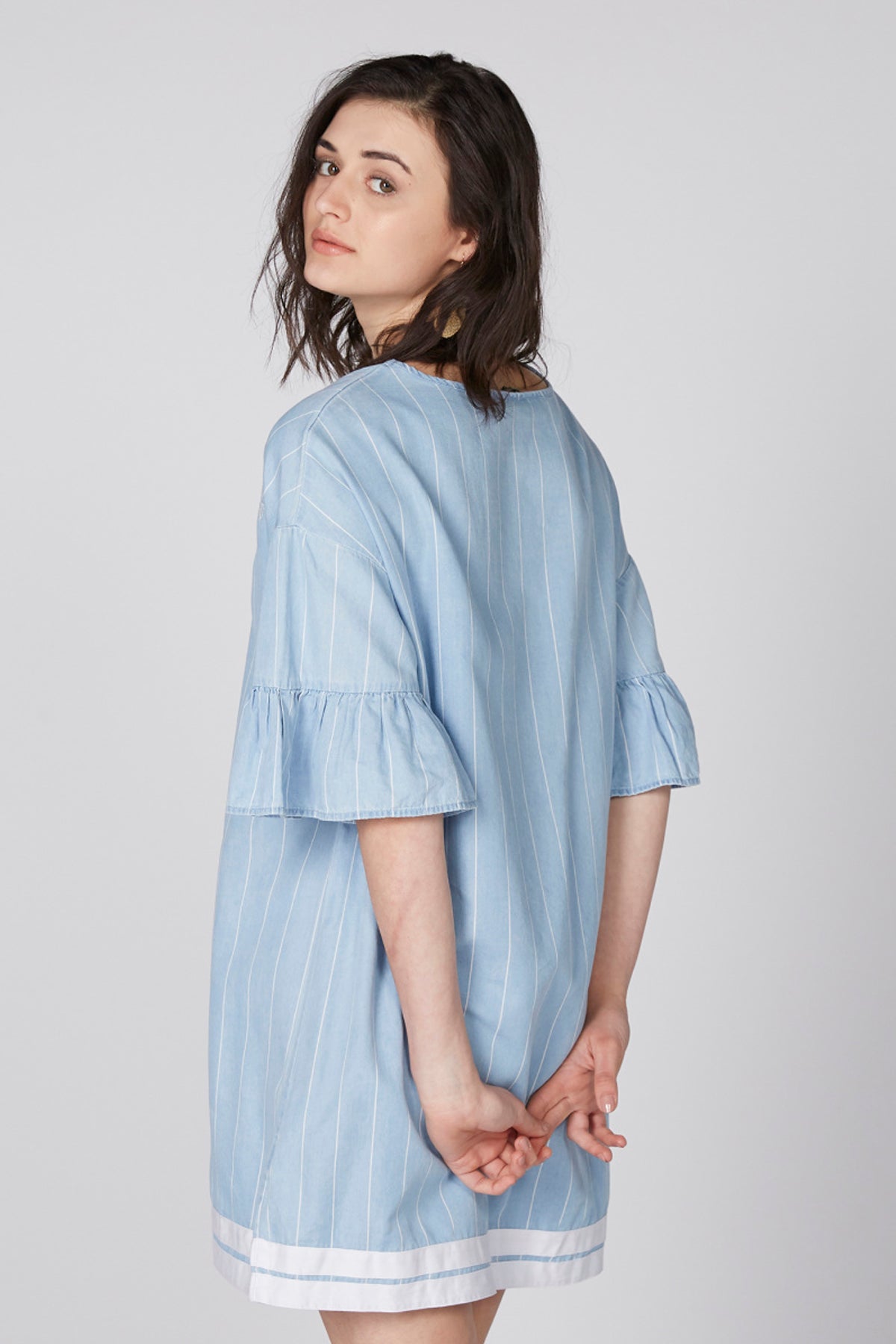 Embroidered Denim Mini Dress with Stripes and Short Sleeves
