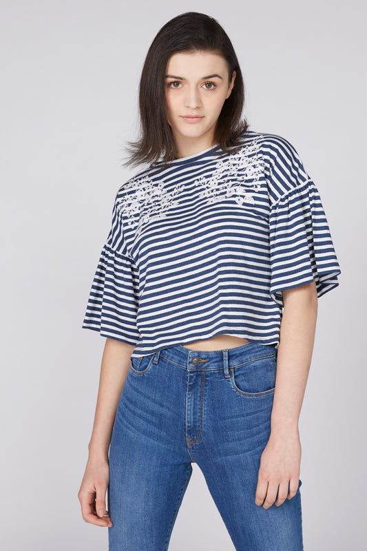 Embroidered Crop Top with Drop Shoulder Sleeves
