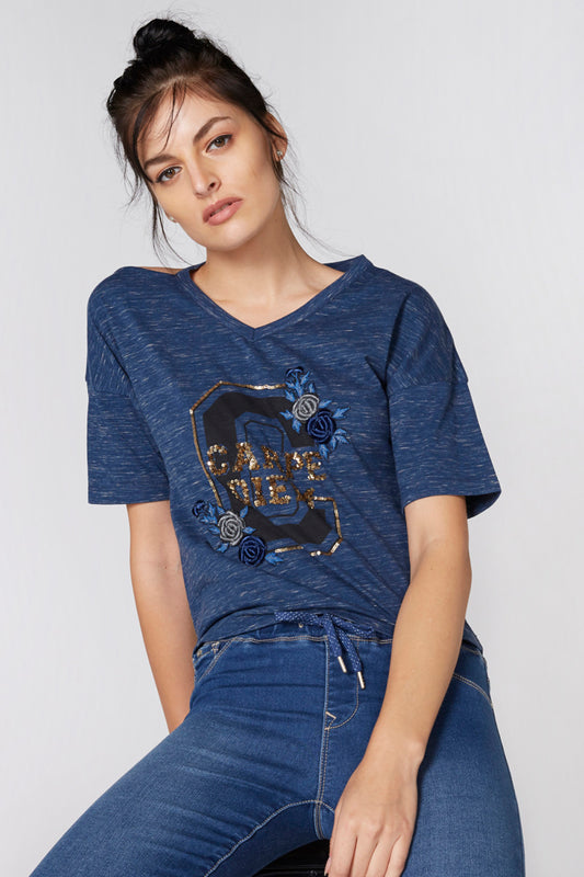 Embroidered T-Shirt with V-Neck and Sequin Detail