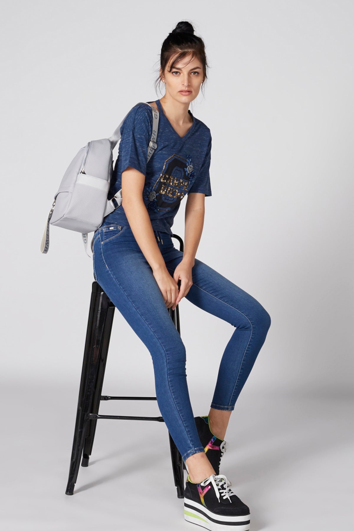 Embroidered T-Shirt with V-Neck and Sequin Detail