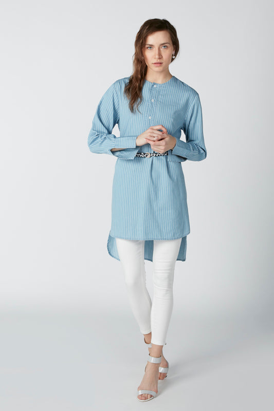 Striped Tunic with Long Sleeves and High Low Hem