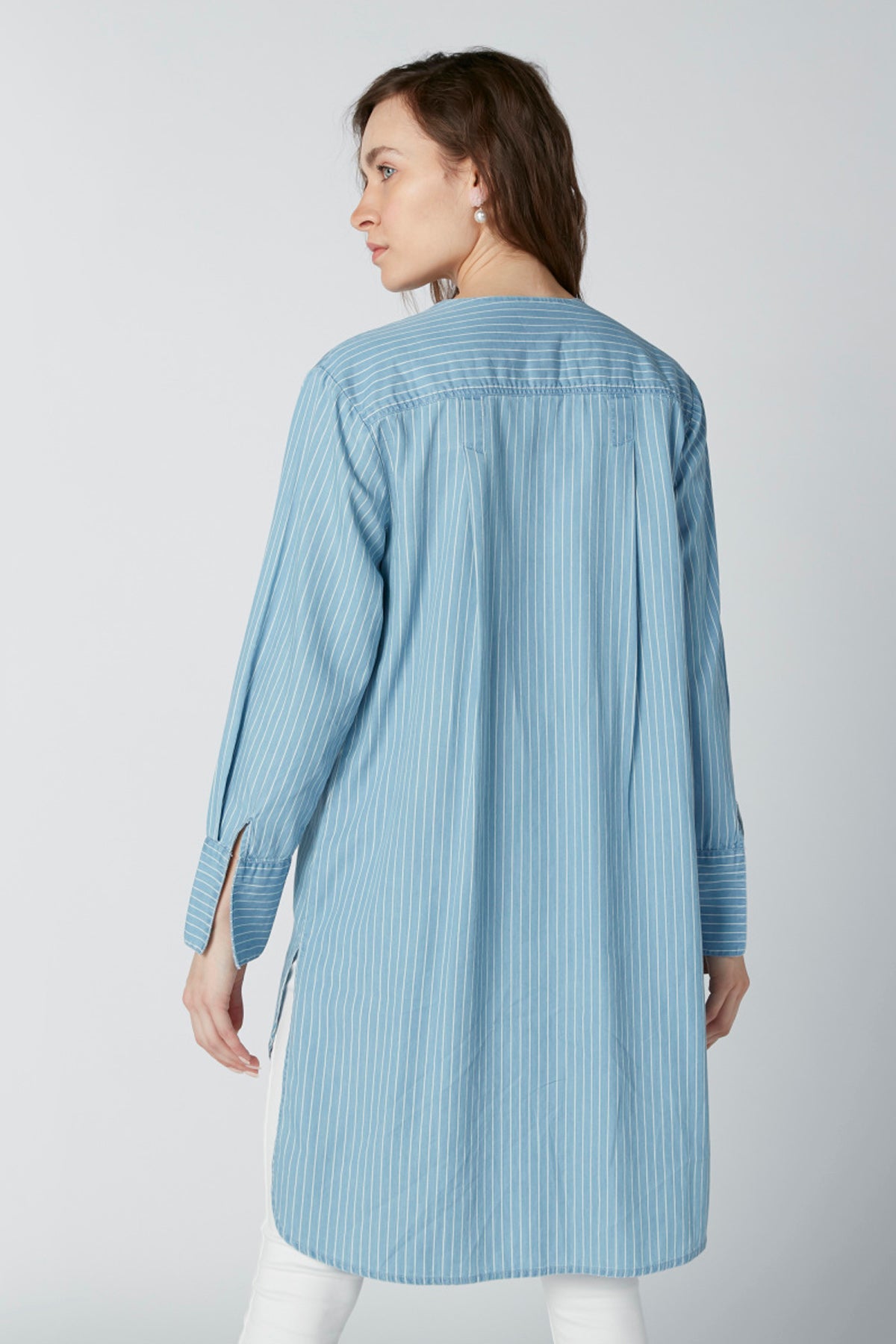 Striped Tunic with Long Sleeves and High Low Hem