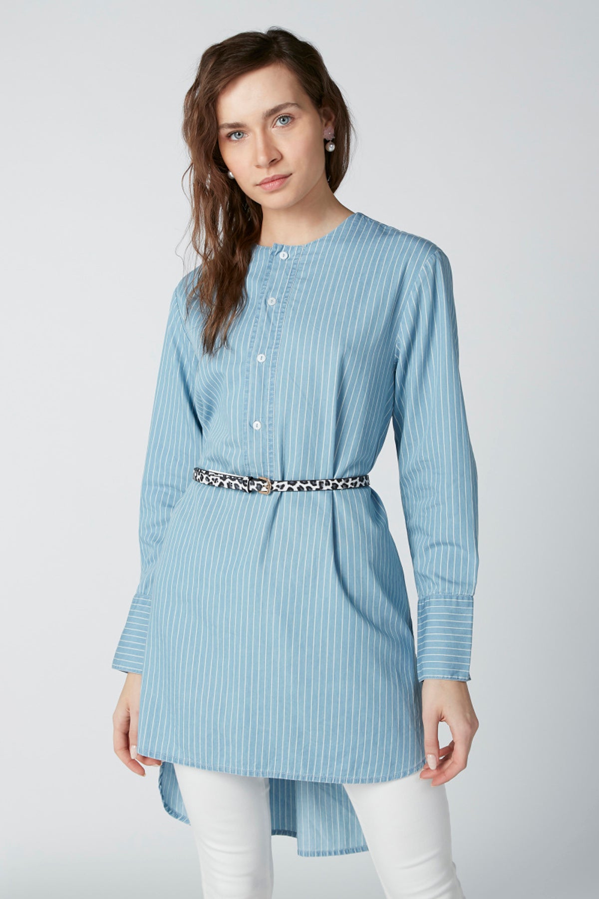 Striped Tunic with Long Sleeves and High Low Hem