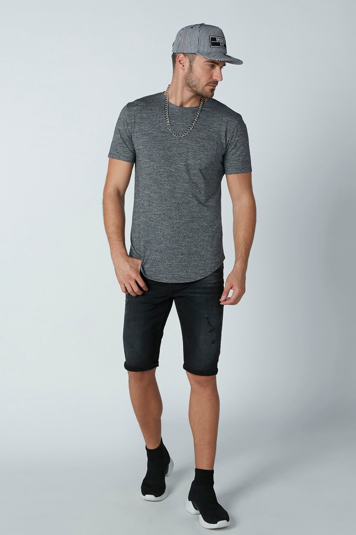 Textured T-shirt in Relaxed Fit with Curved Hem and Short Sleeves