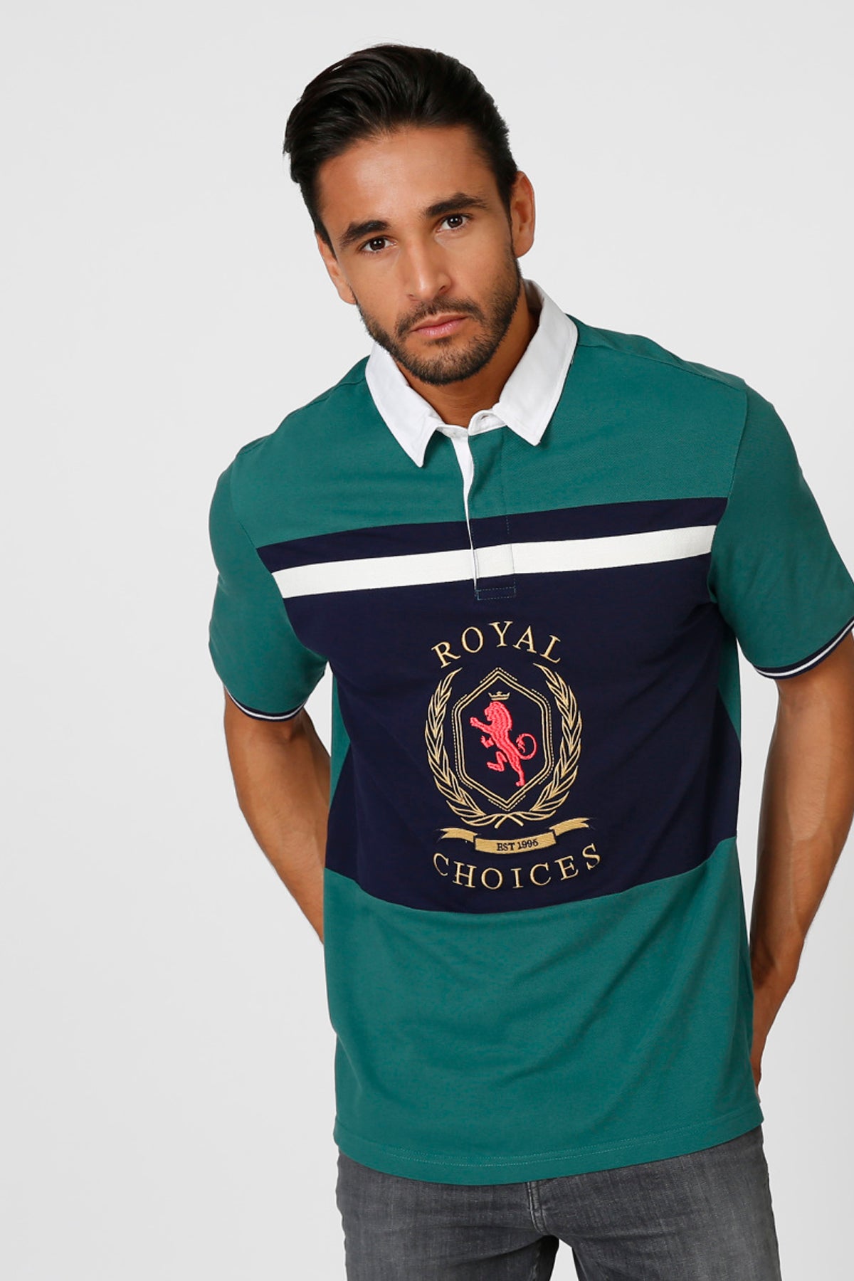 Printed T-shirt with Polo Neck and Short Sleeves