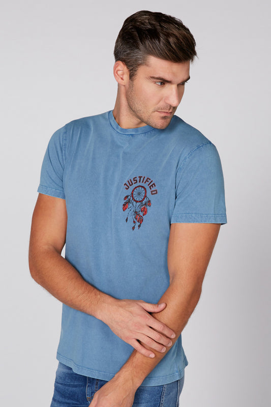 Printed Denim T-Shirt with Round Neck and Short Sleeves