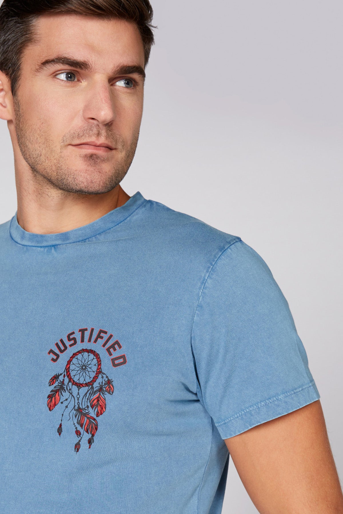 Printed Denim T-Shirt with Round Neck and Short Sleeves