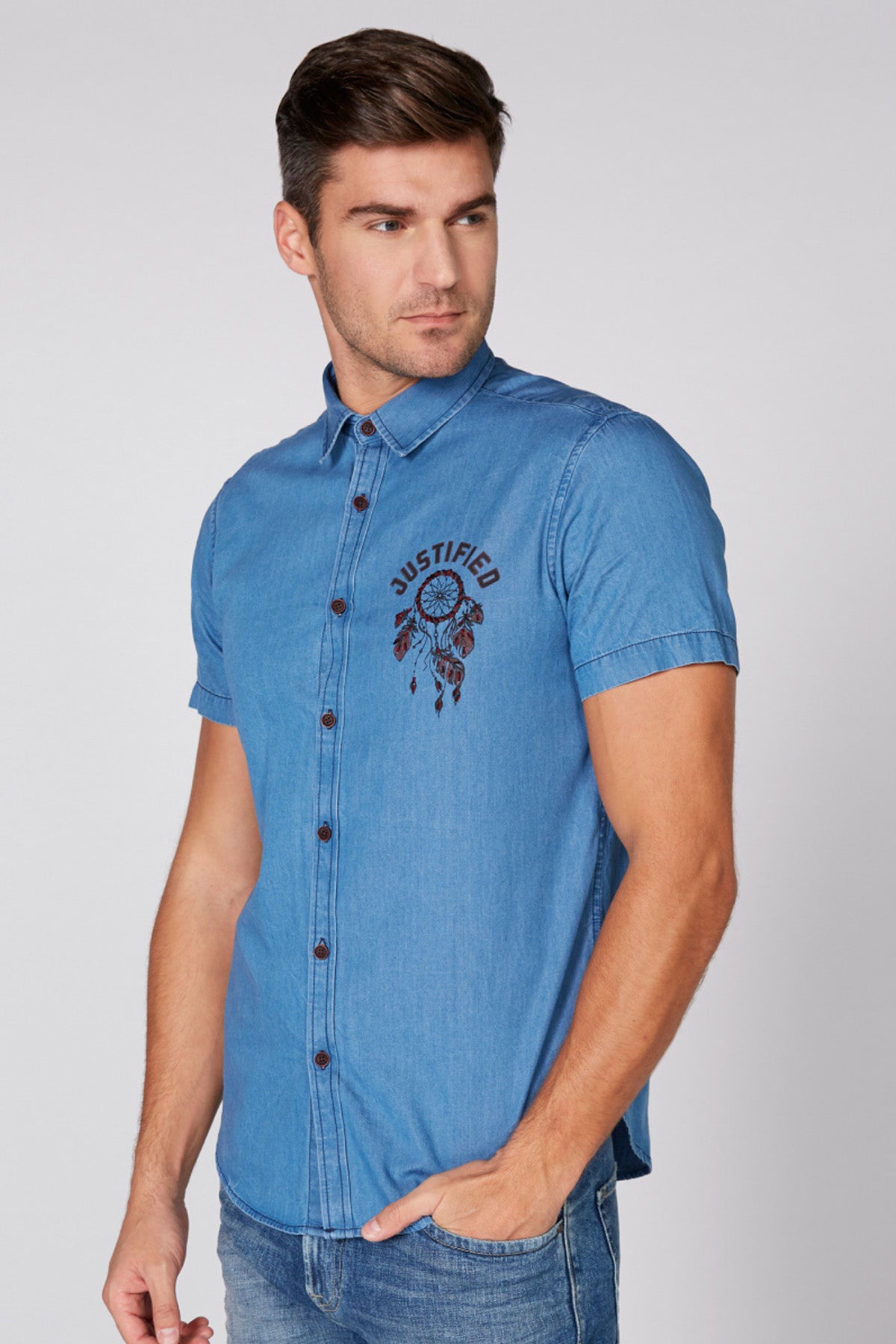 Printed Denim Shirt with Short Sleeves and Complete Placket