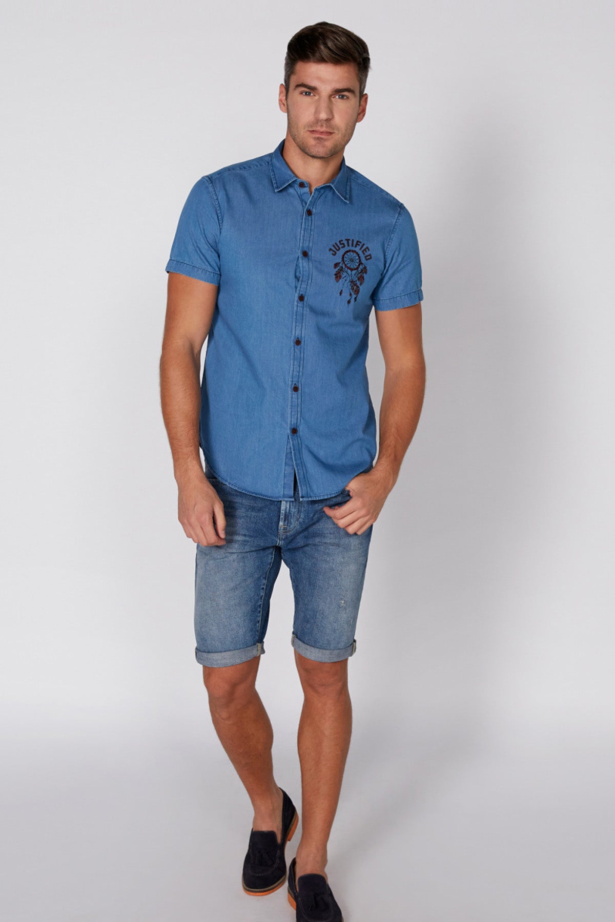 Printed Denim Shirt with Short Sleeves and Complete Placket