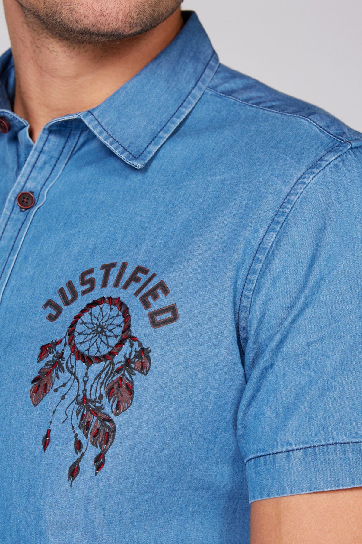 Printed Denim Shirt with Short Sleeves and Complete Placket