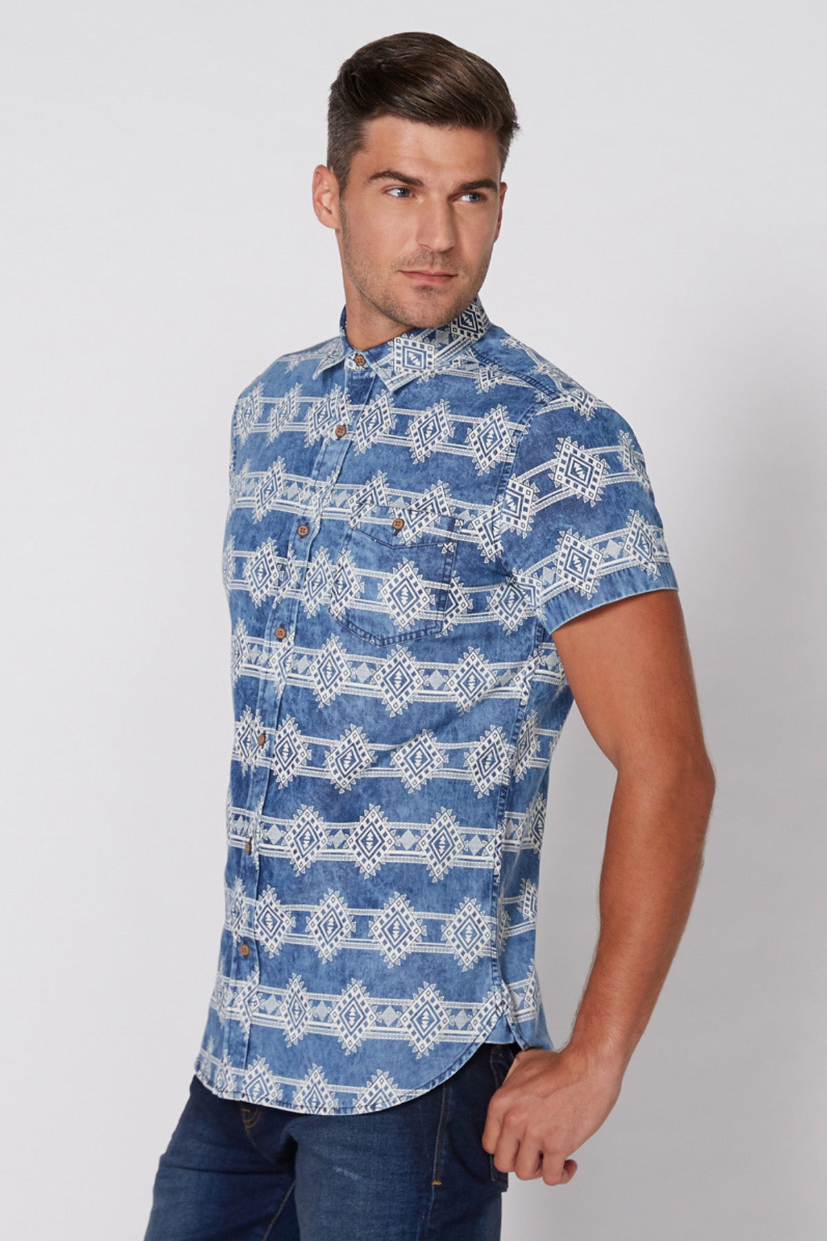 Printed Shirt with Short Sleeves and Complete Placket