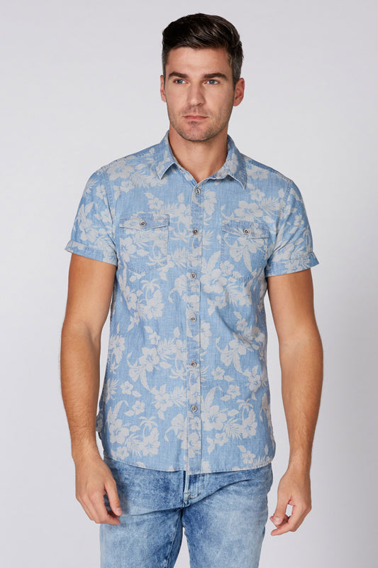 Printed Denim Shirt with Short Sleeves and Complete Placket