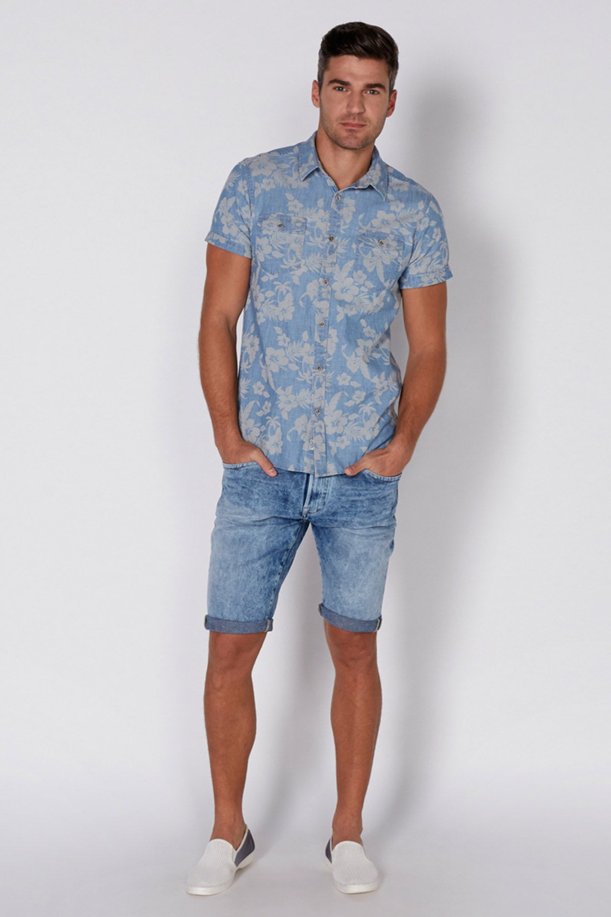 Printed Denim Shirt with Short Sleeves and Complete Placket
