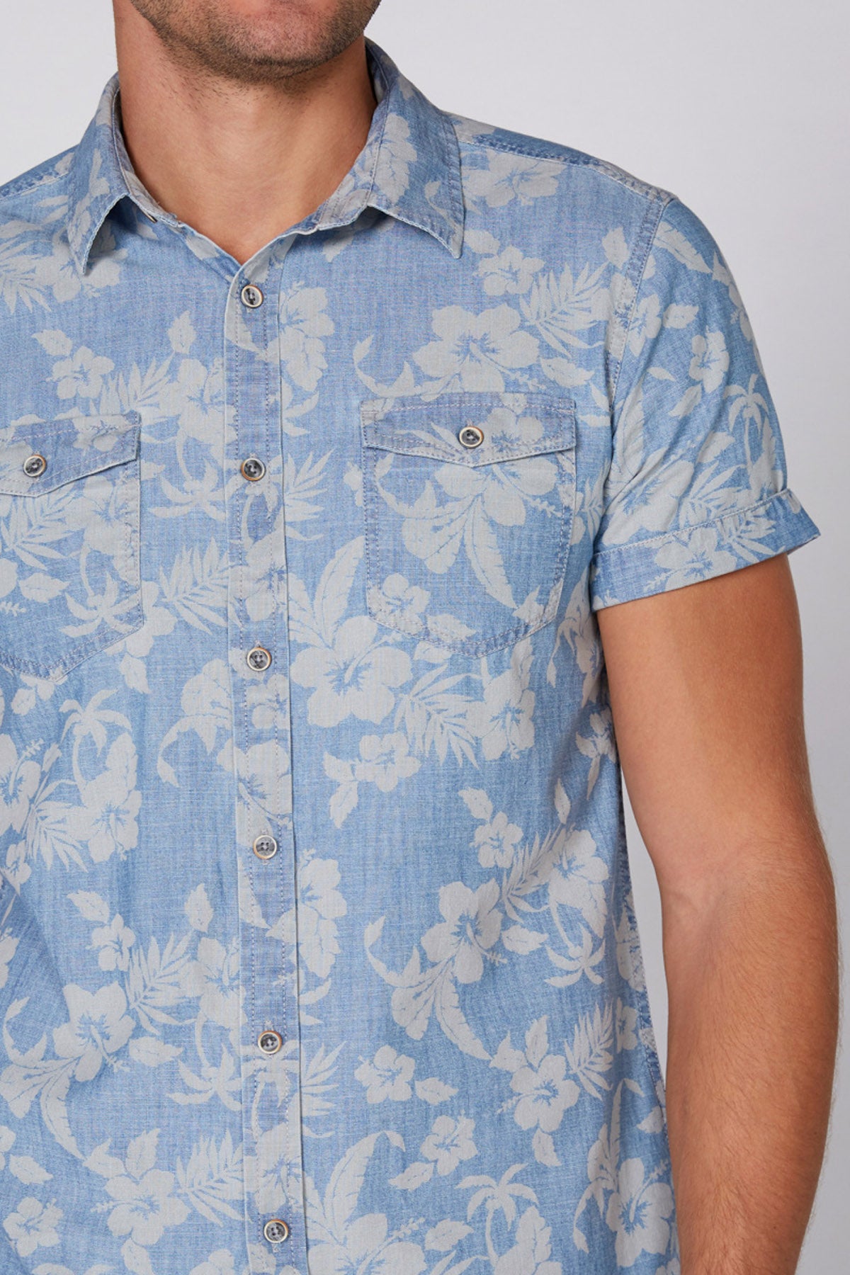 Printed Denim Shirt with Short Sleeves and Complete Placket