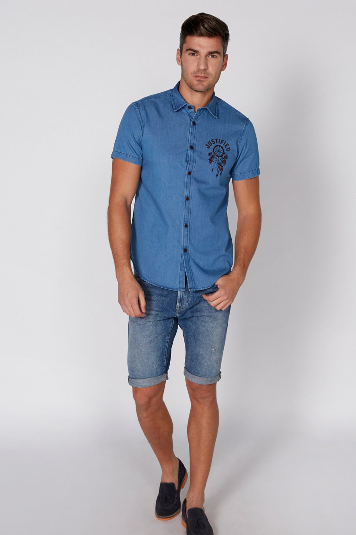 Denim Shorts with Button Closure and Pocket Detail