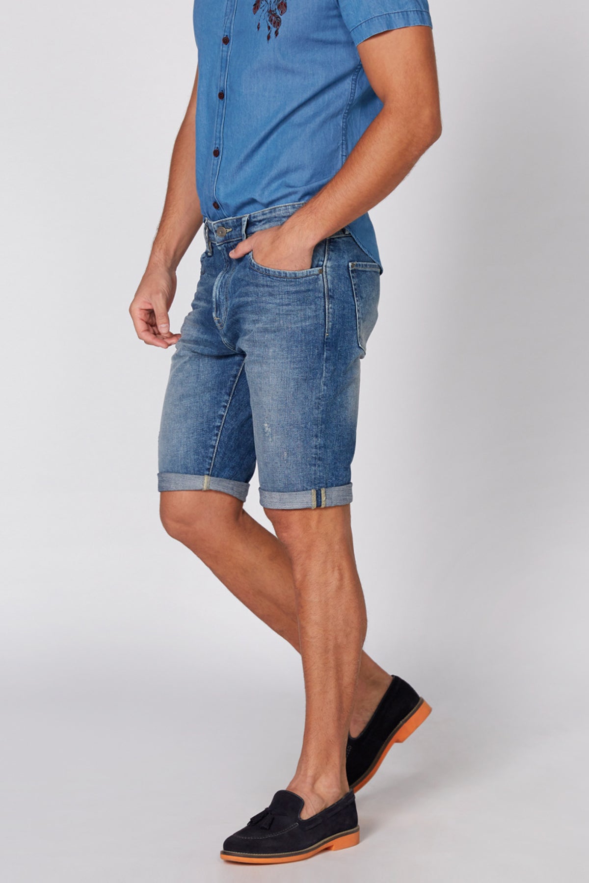 Denim Shorts with Button Closure and Pocket Detail