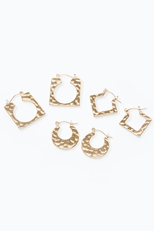 Metallic Hoop Earrings with Hinged Hoop Closure - Set of 3