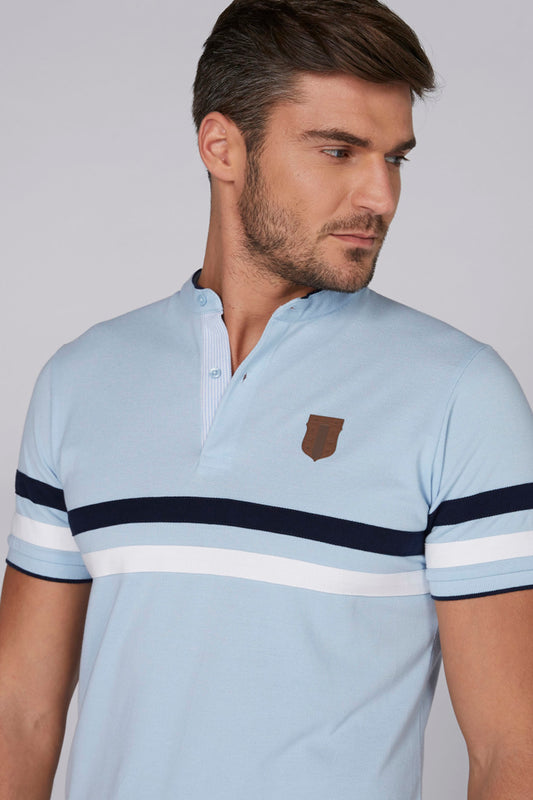 Striped T-Shirt with Mandarin Collar and Short Sleeves