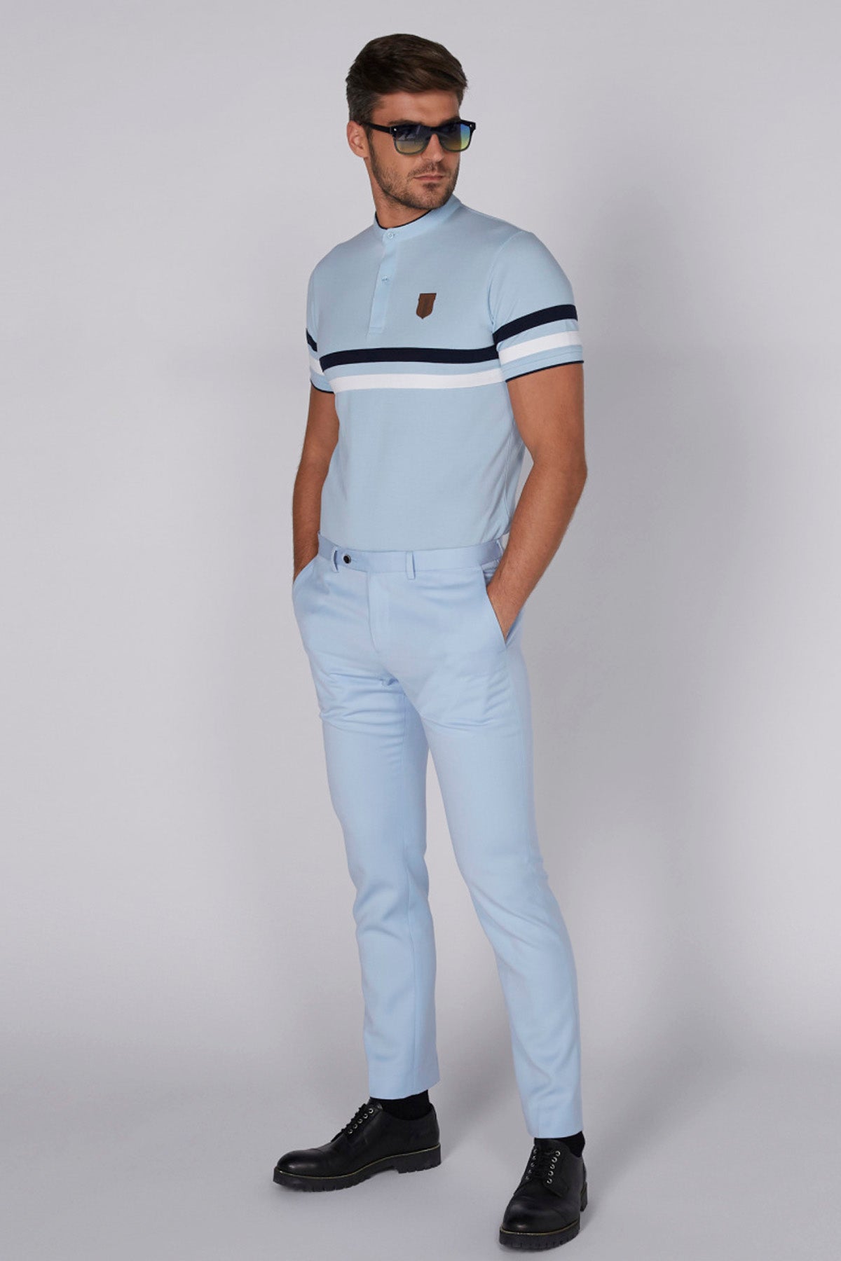 Striped T-Shirt with Mandarin Collar and Short Sleeves