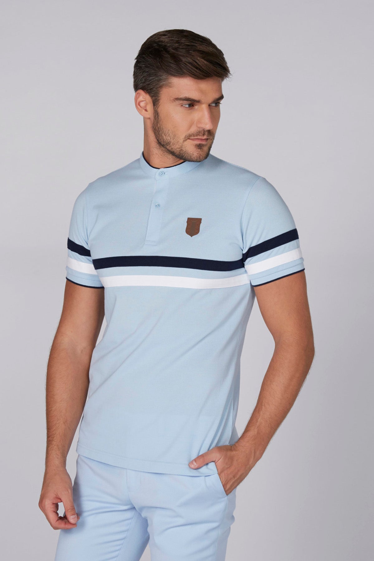 Striped T-Shirt with Mandarin Collar and Short Sleeves