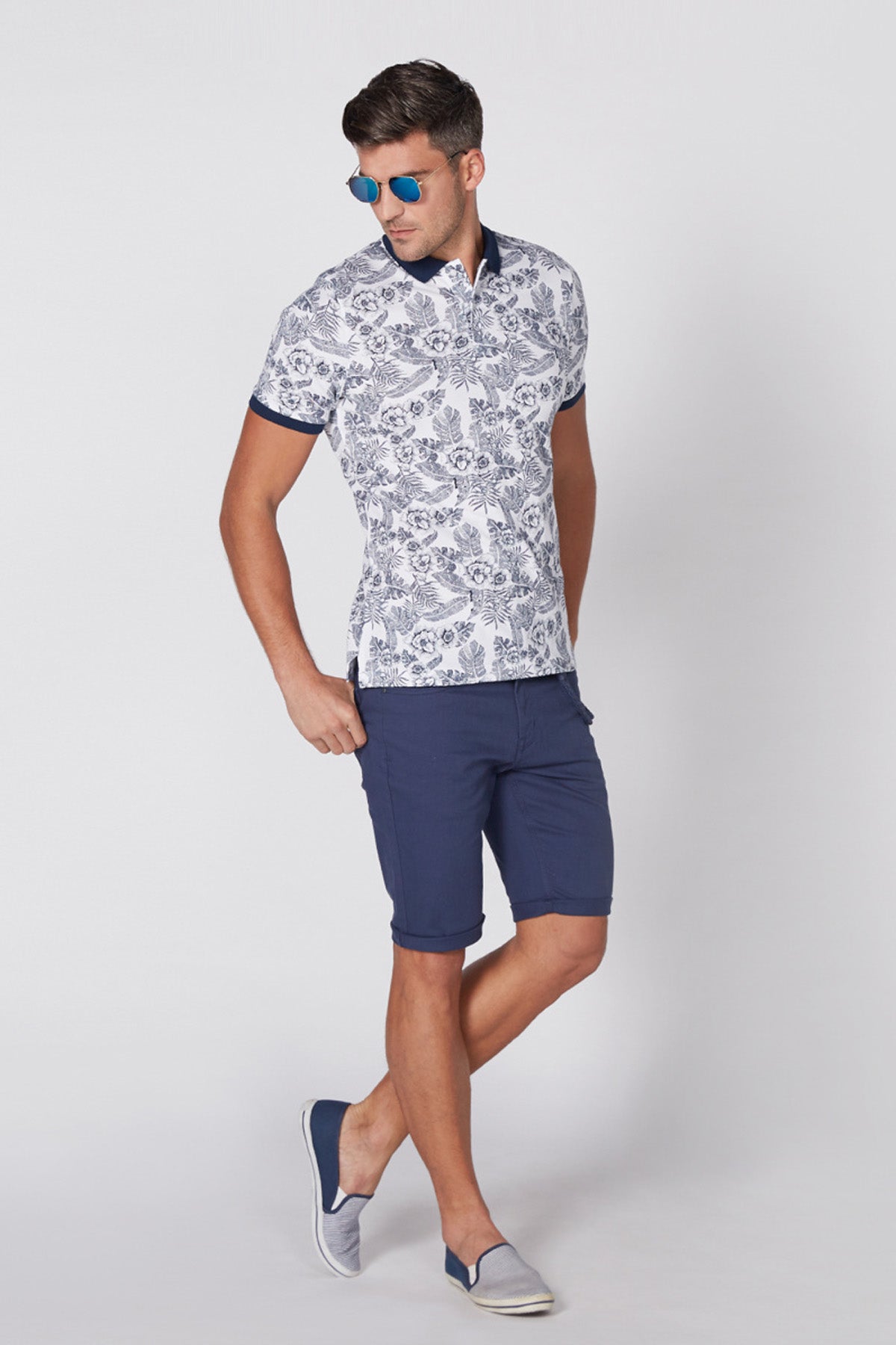 Printed T-Shirt with Polo Neck and Short Sleeves