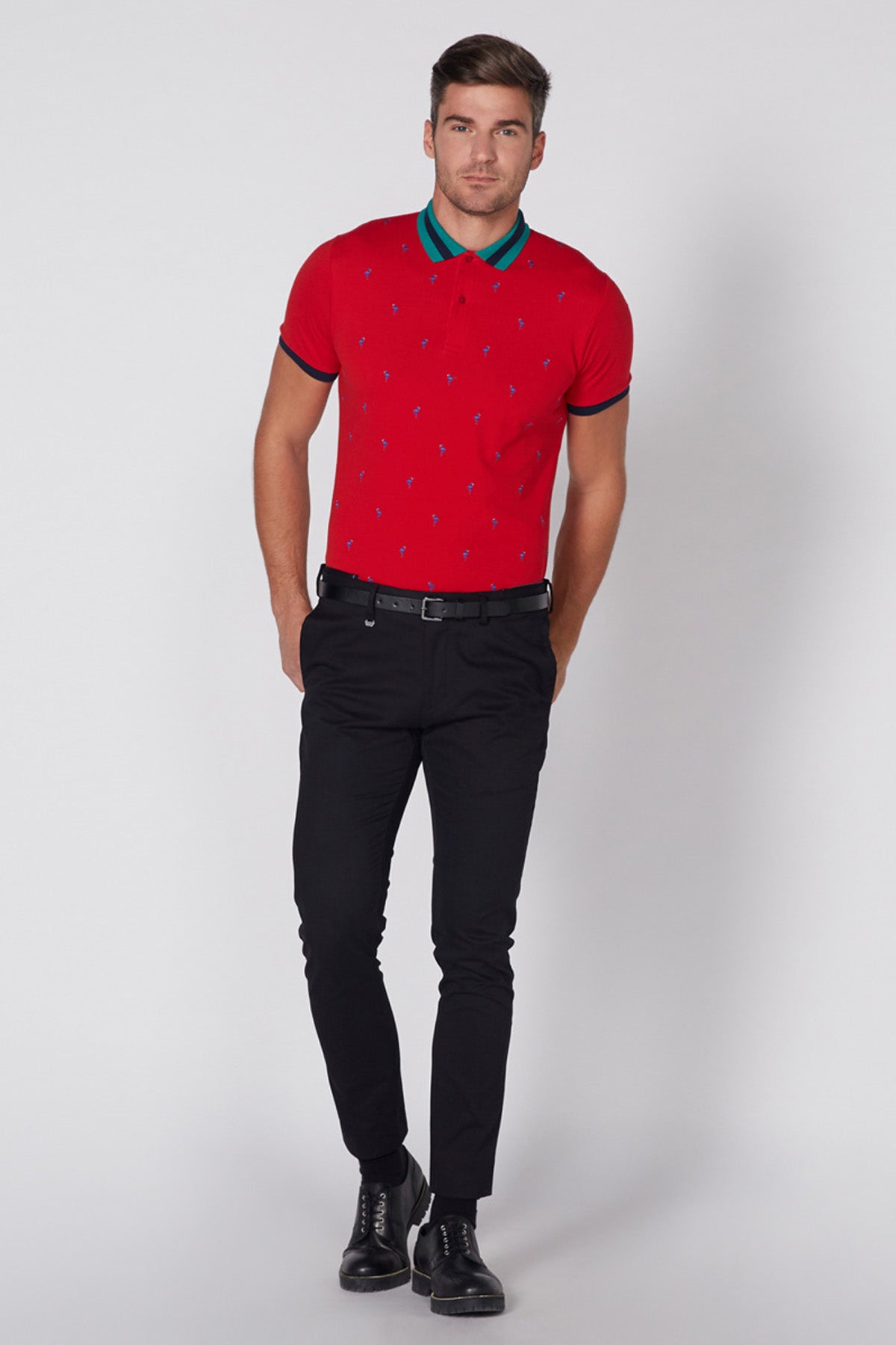 Embroidered T-Shirt with Polo Neck and Short Sleeves
