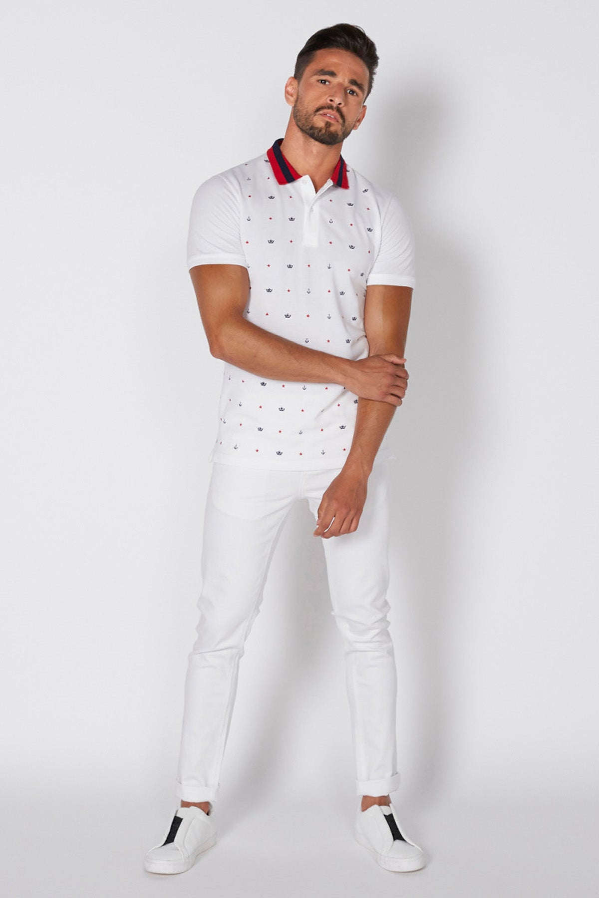 Embroidered T-Shirt with Polo Neck and Short Sleeves