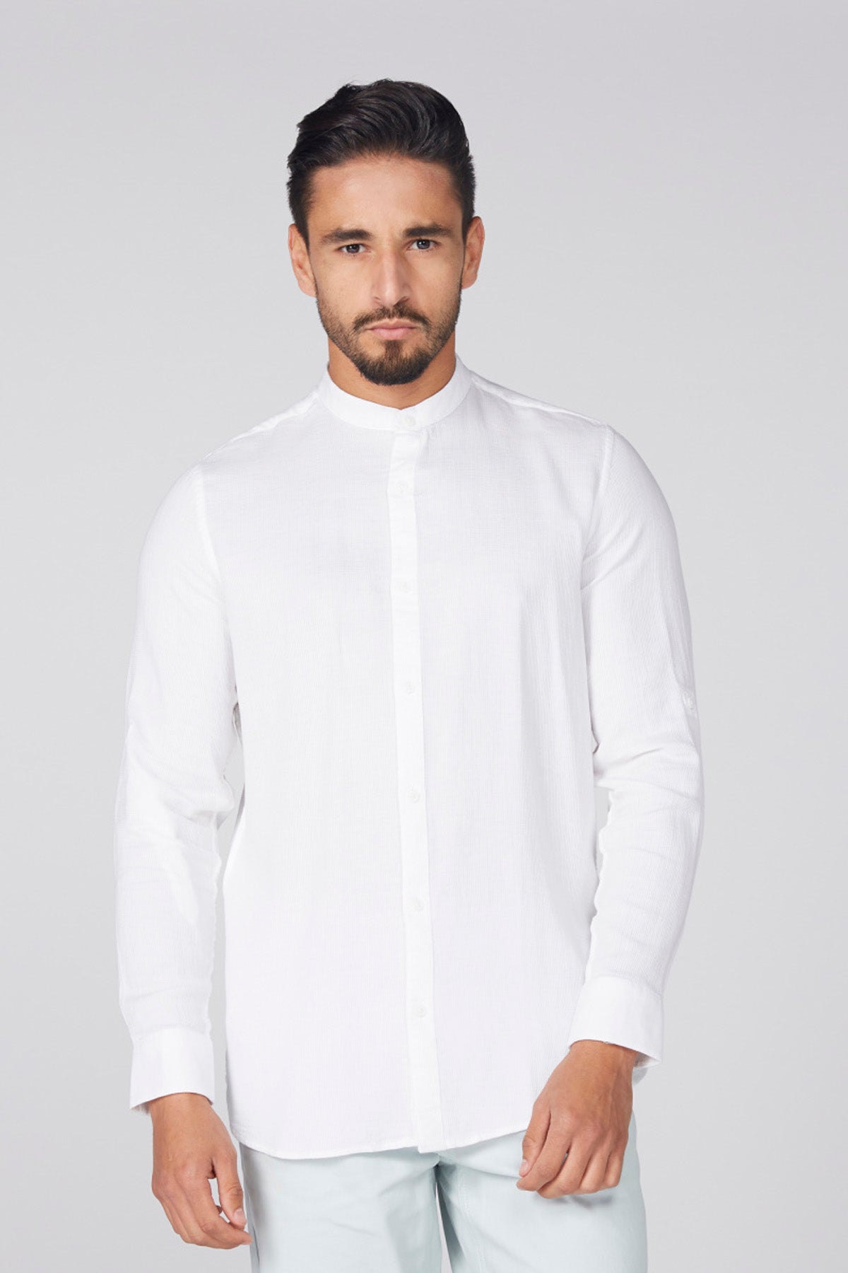 Mandarin Collar Shirt with Long Sleeves and Complete Placket