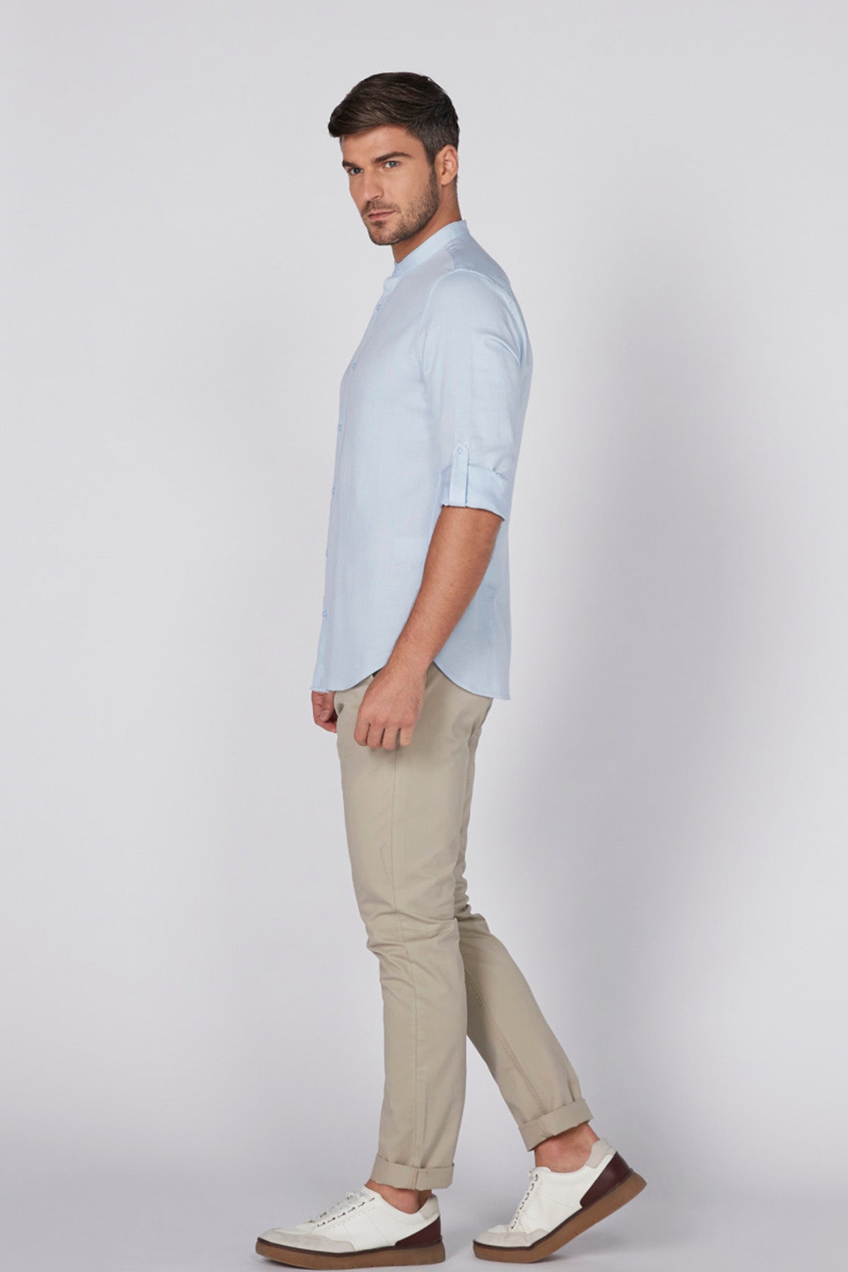 Mandarin Collar Shirt with Long Sleeves and Complete Placket