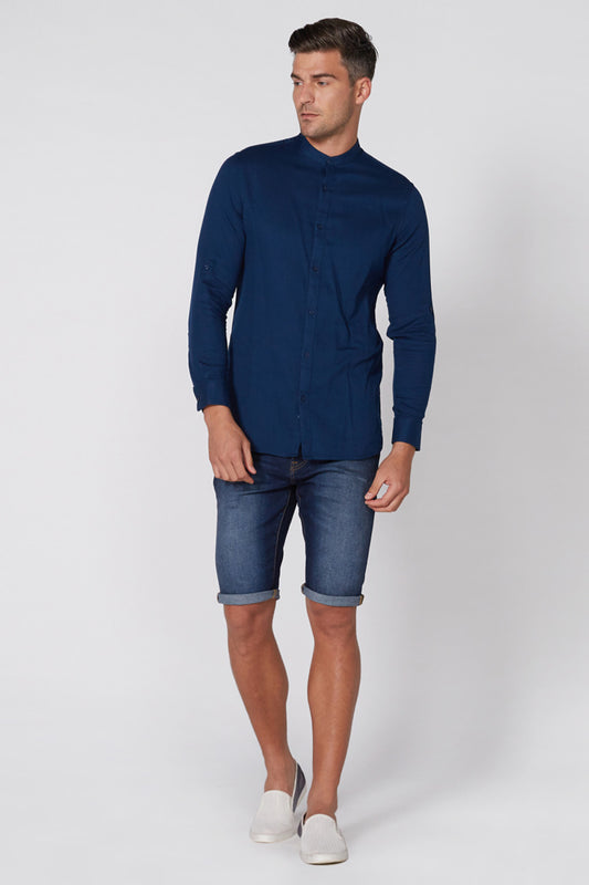Mandarin Collar Shirt with Long Sleeves and Complete Placket