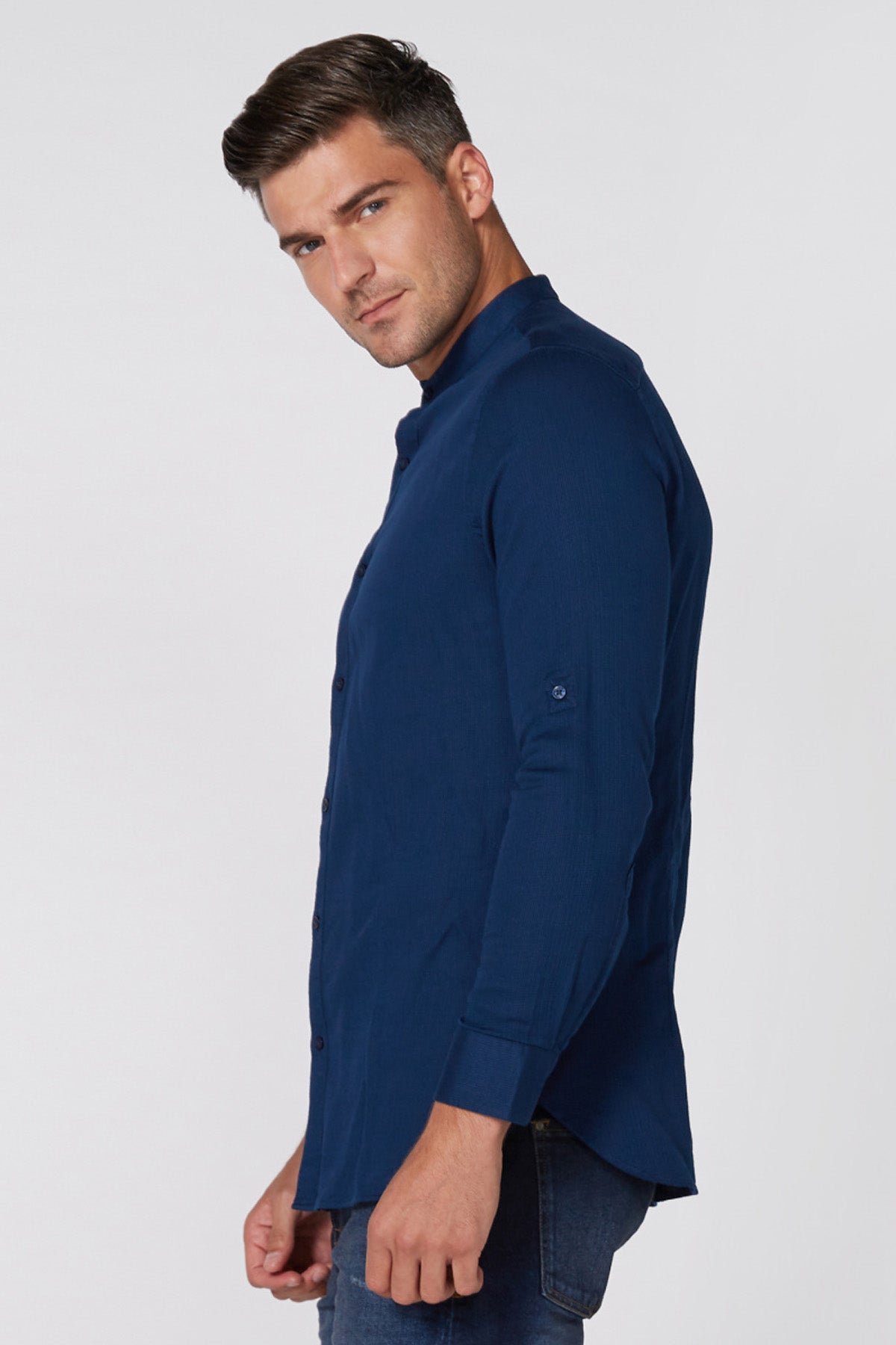 Mandarin Collar Shirt with Long Sleeves and Complete Placket