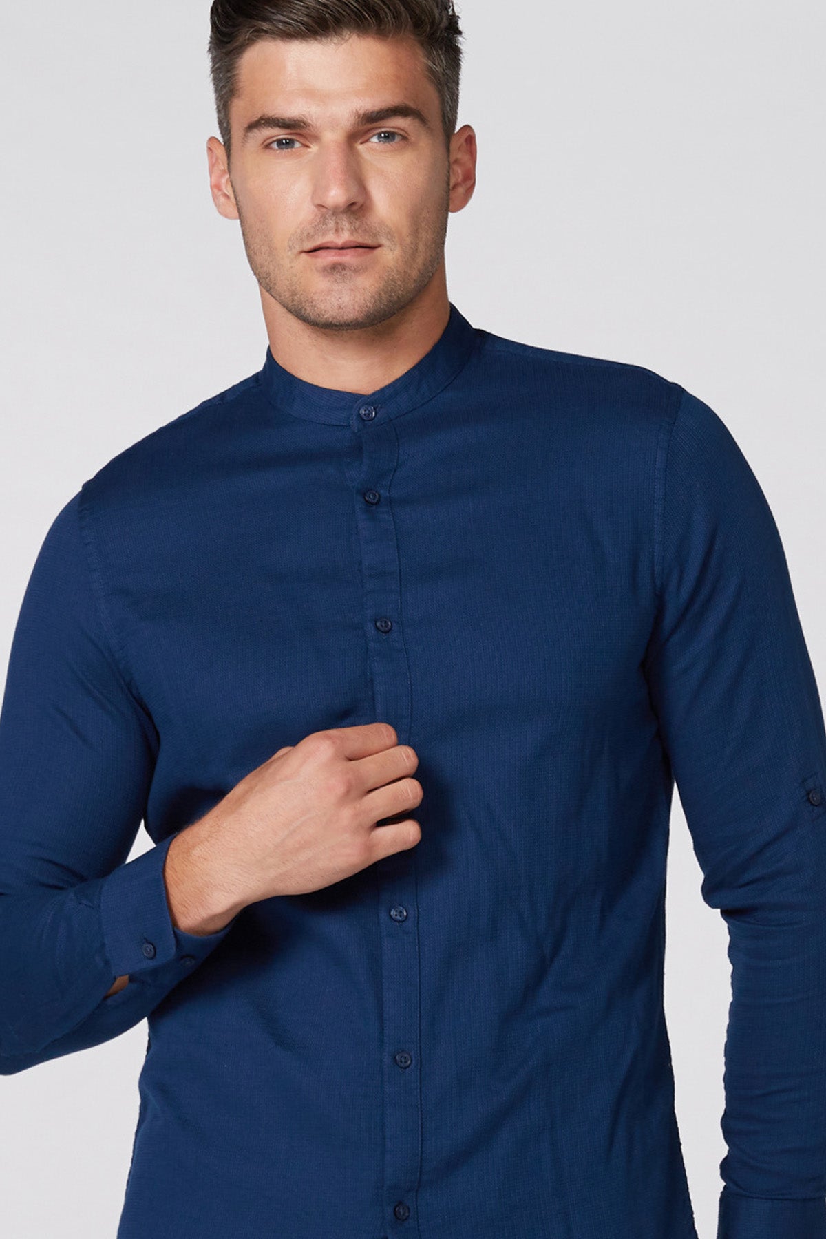 Mandarin Collar Shirt with Long Sleeves and Complete Placket