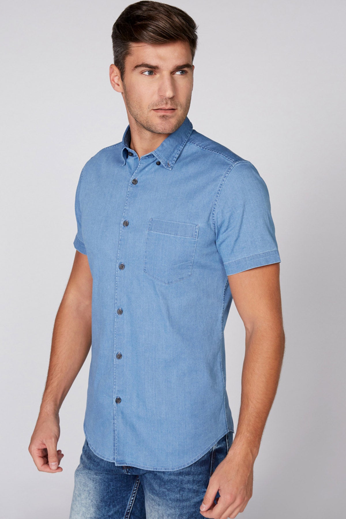 Denim Shirt with Short Sleeves and Complete Placket