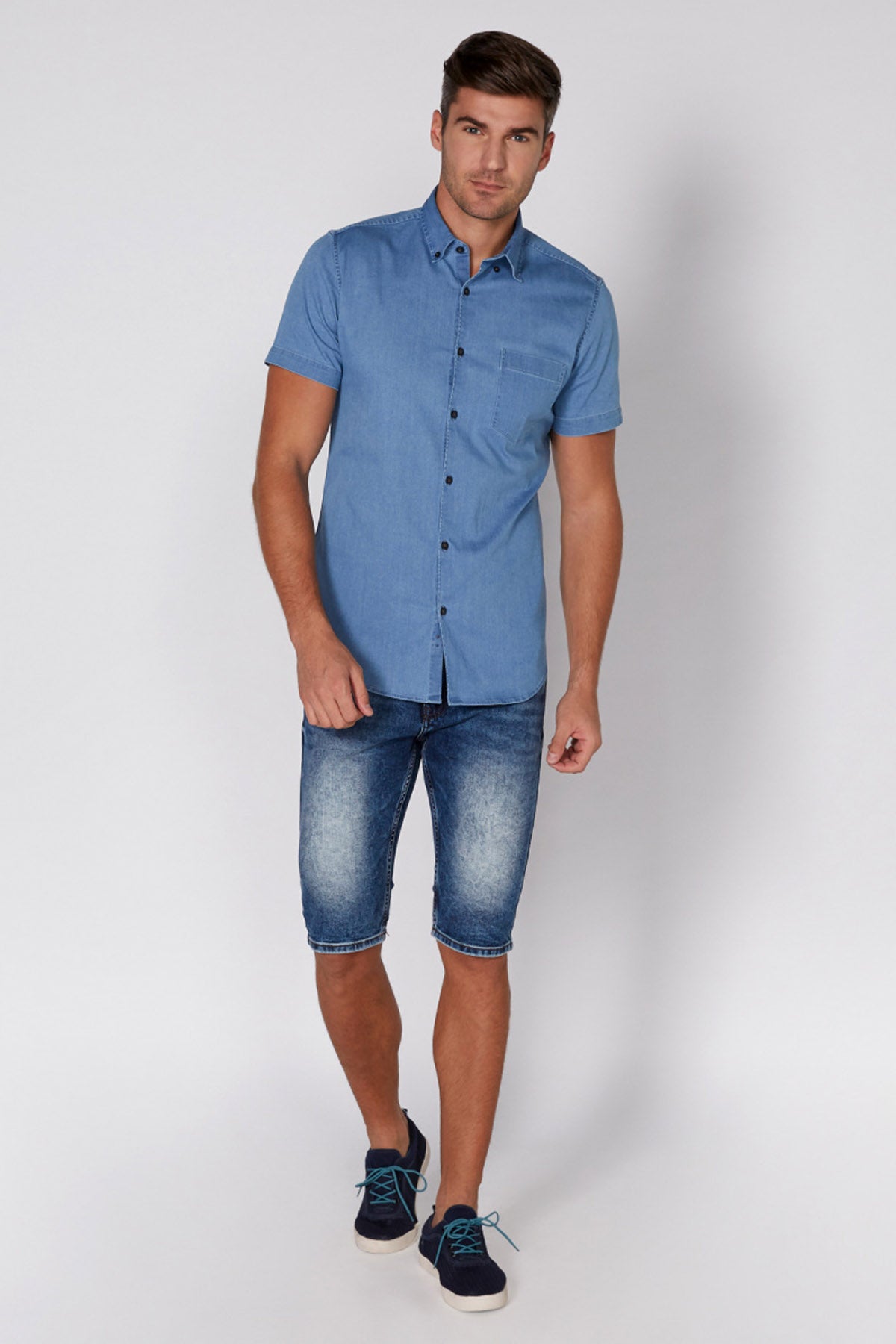 Denim Shirt with Short Sleeves and Complete Placket