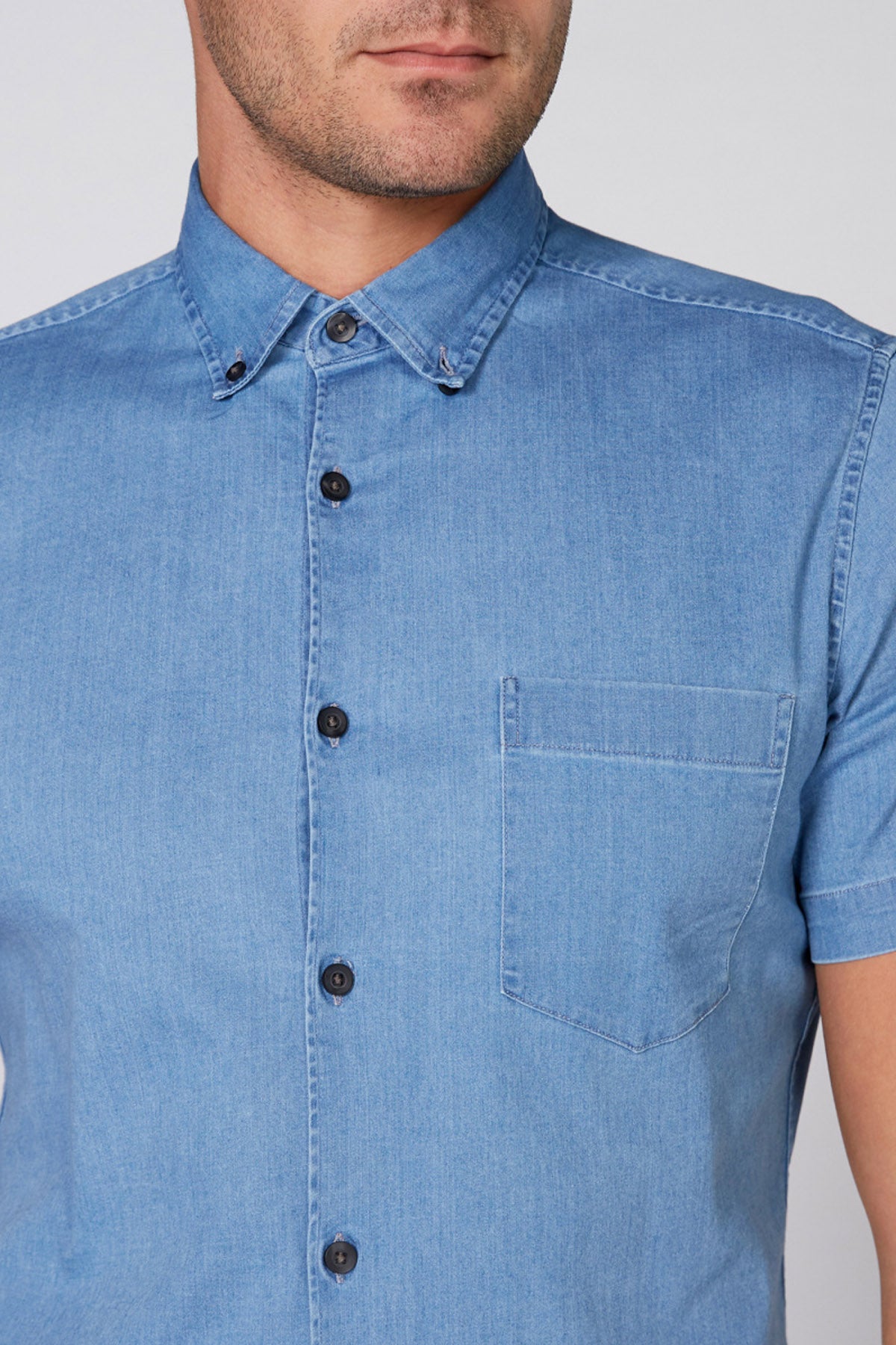 Denim Shirt with Short Sleeves and Complete Placket