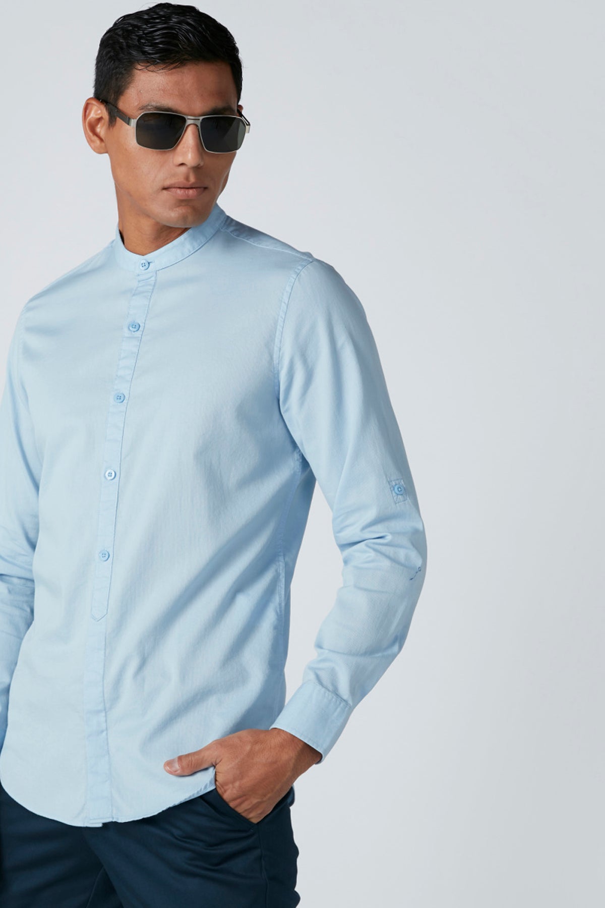 Mandarin Collar Shirt with Long Sleeves and Complete Placket