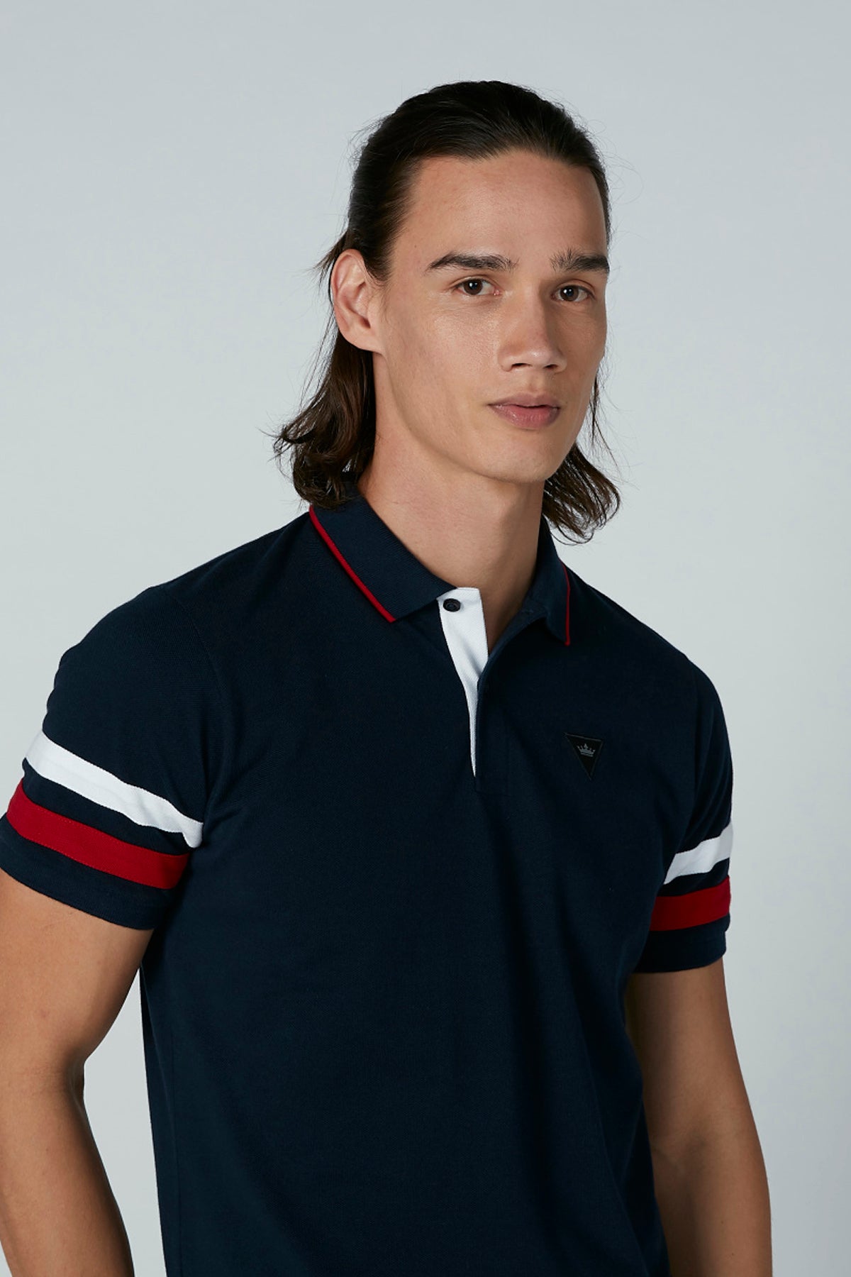 Plain T-Shirt with Polo Neck and Striped Sleeves