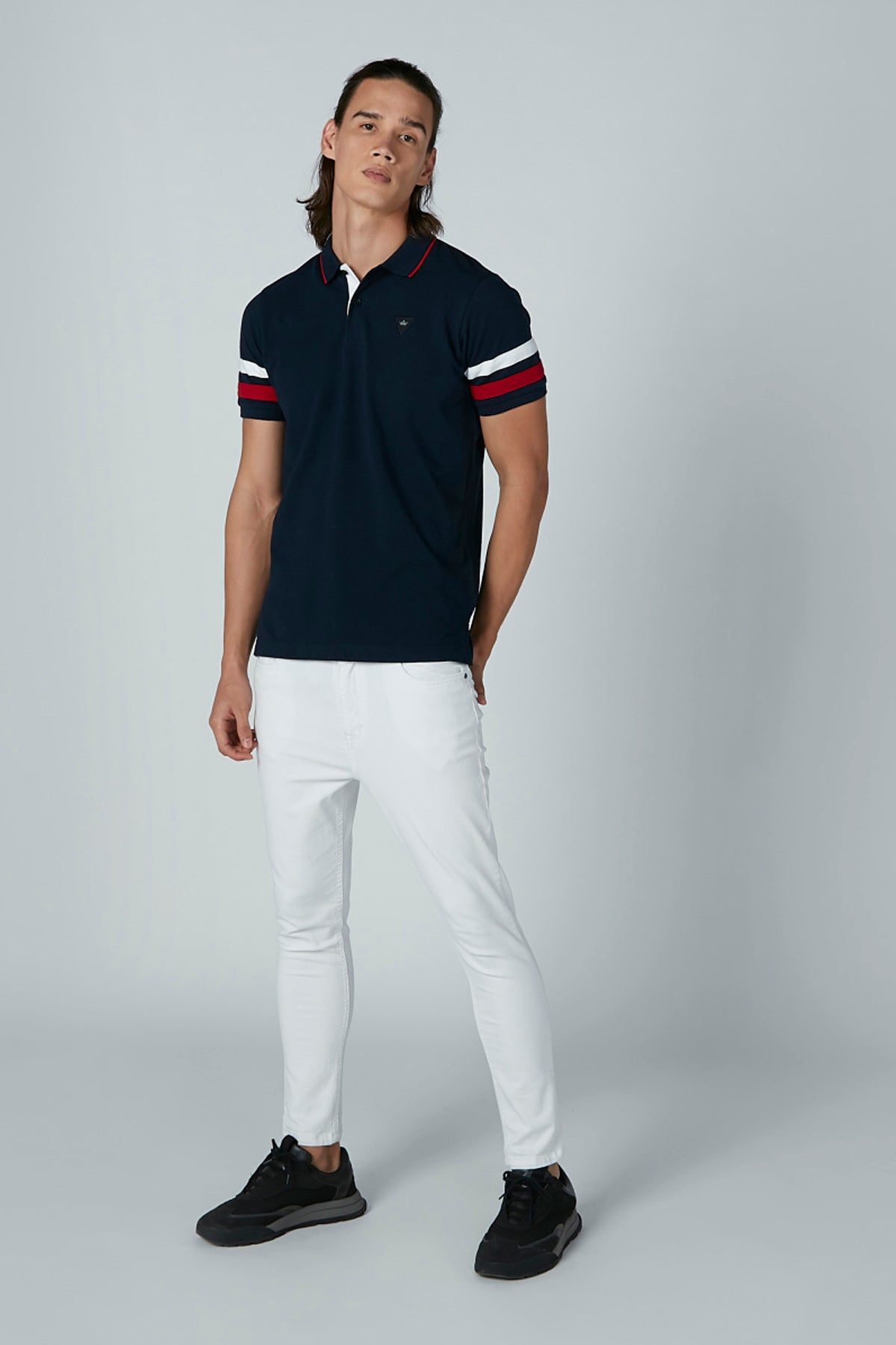 Plain T-Shirt with Polo Neck and Striped Sleeves