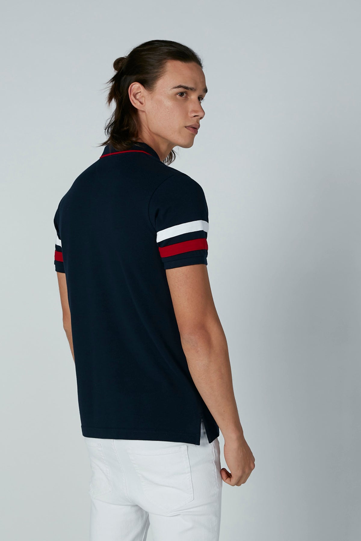 Plain T-Shirt with Polo Neck and Striped Sleeves