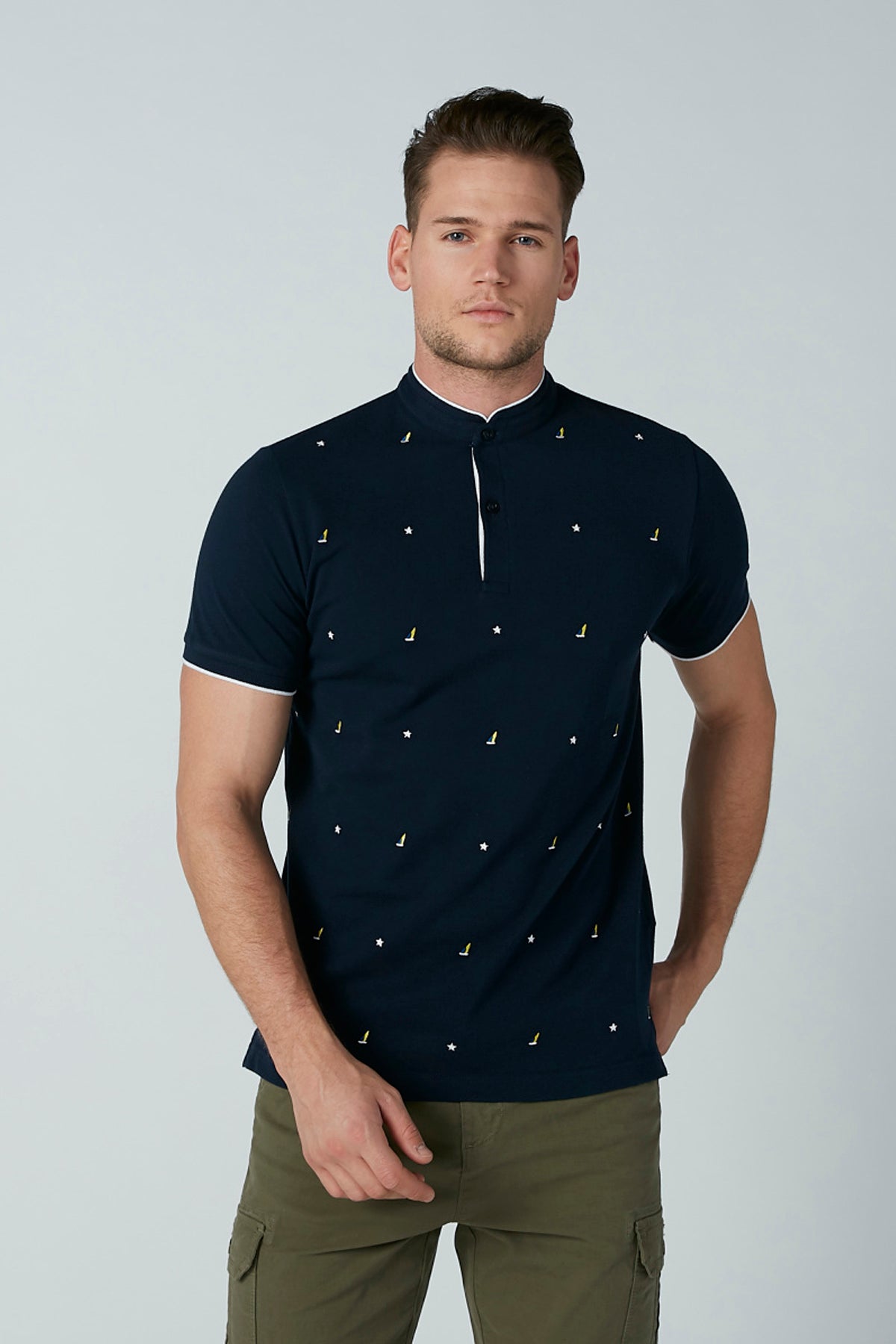 Embroidered T-Shirt with Mandarin Collar