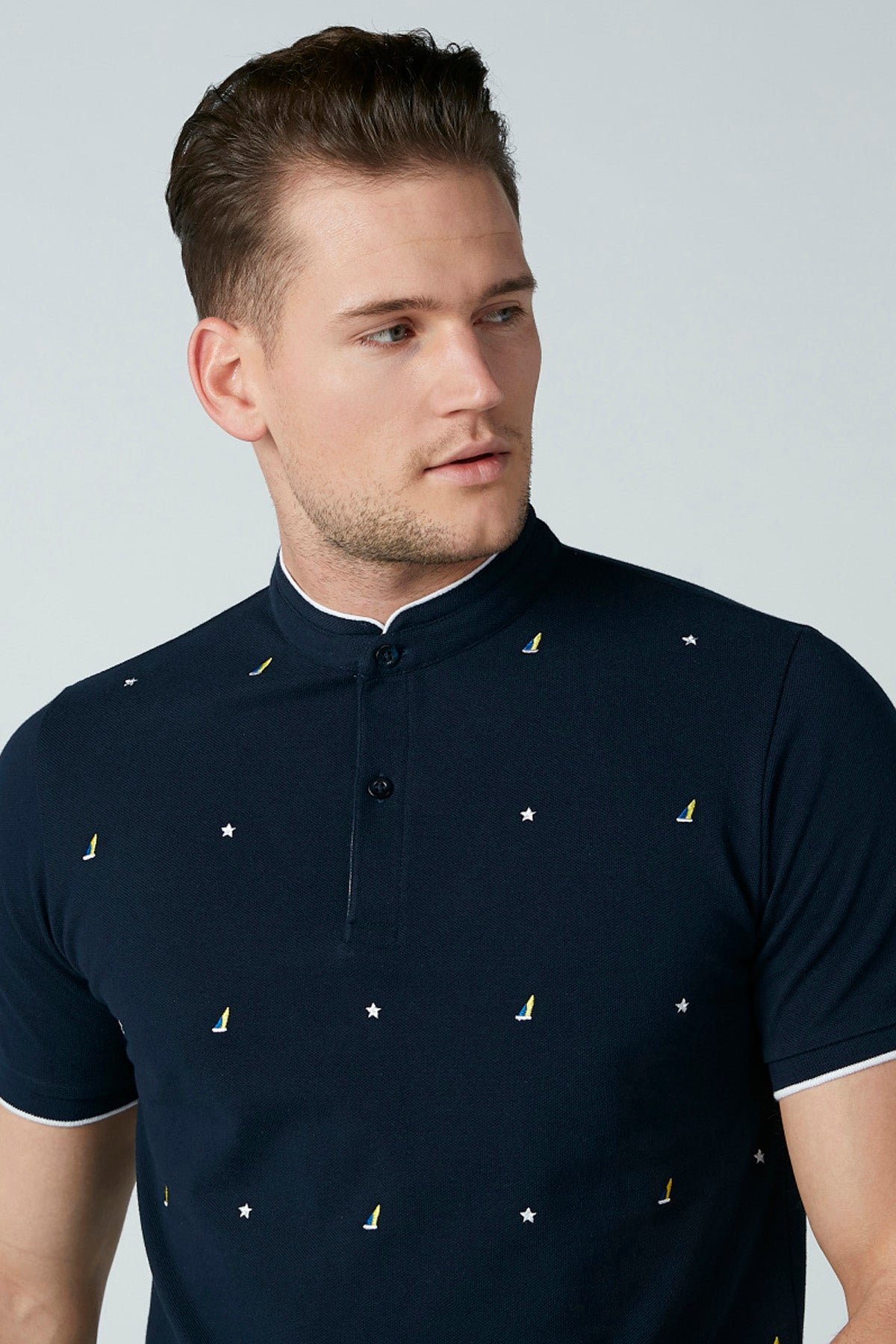 Embroidered T-Shirt with Mandarin Collar
