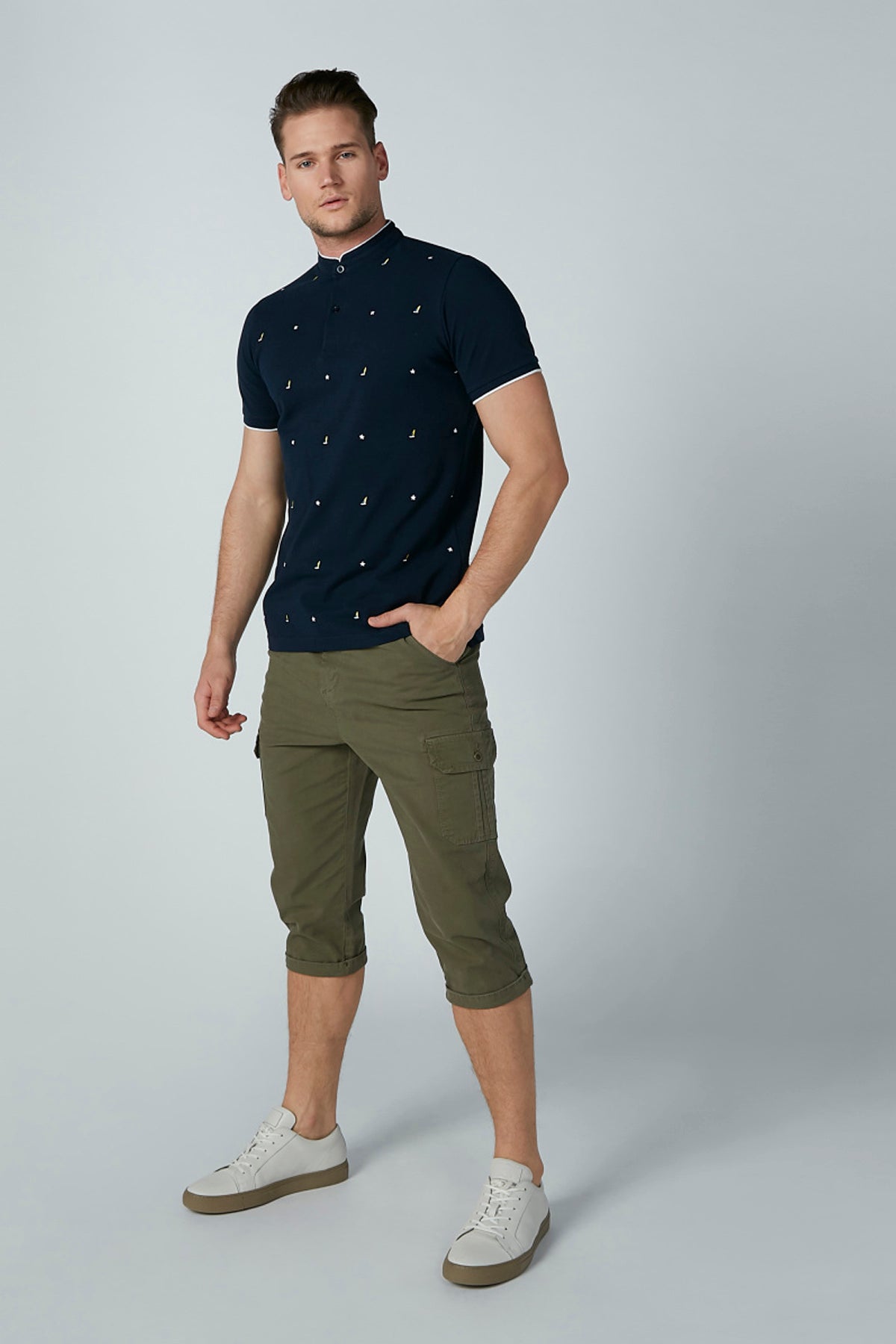 Embroidered T-Shirt with Mandarin Collar
