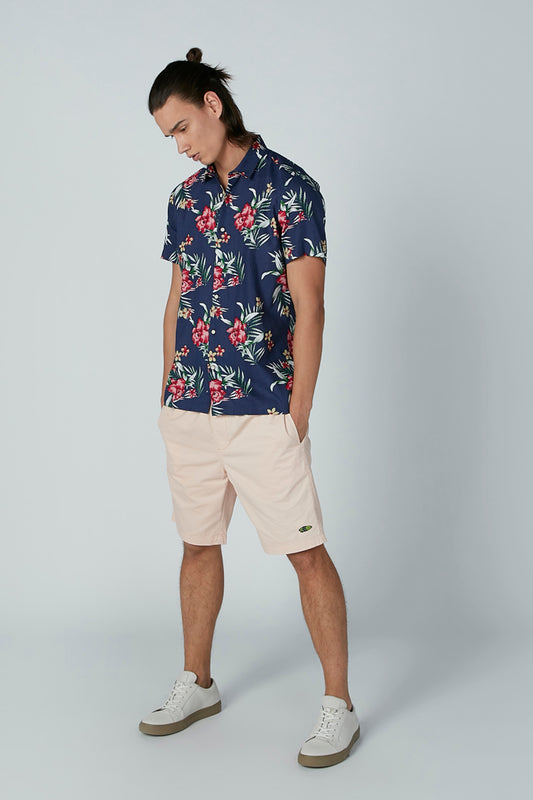 Floral Printed Shirt with Short Sleeves and Spread Collar