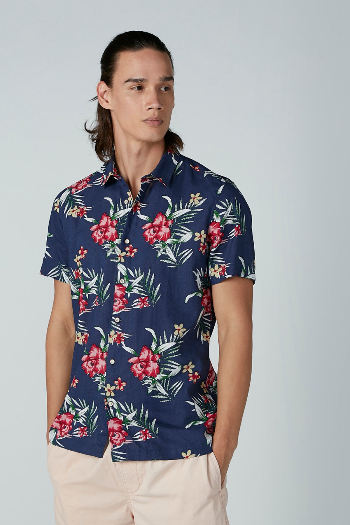 Floral Printed Shirt with Short Sleeves and Spread Collar