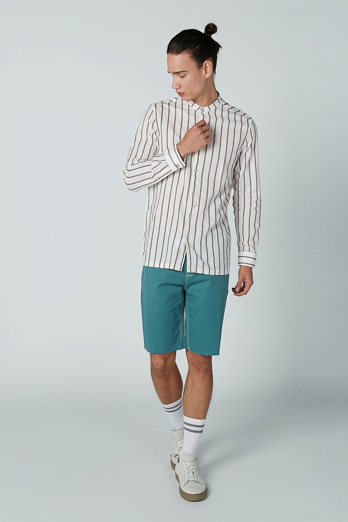 Striped Shirt with Mandarin Collar and Long Sleeves