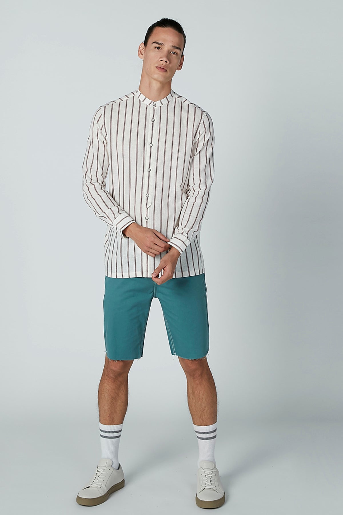 Striped Shirt with Mandarin Collar and Long Sleeves