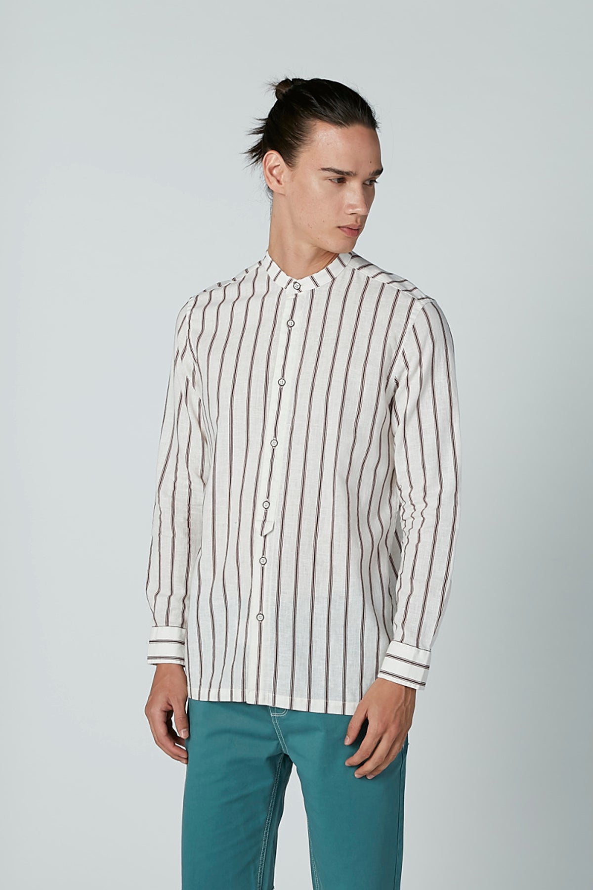 Striped Shirt with Mandarin Collar and Long Sleeves