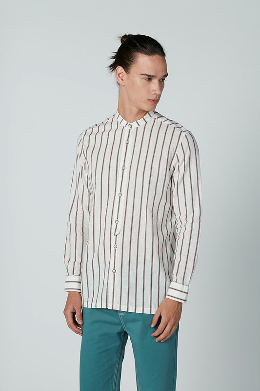 Striped Shirt with Mandarin Collar and Long Sleeves
