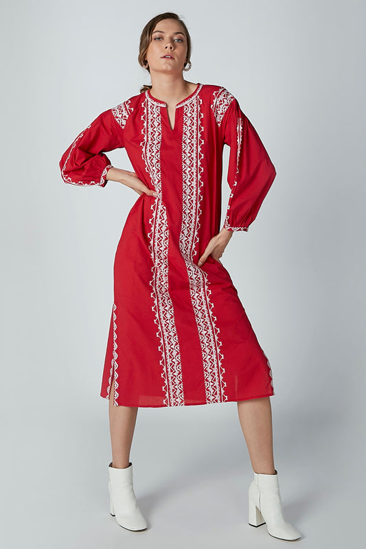 Embroidered Midi Dress with Long Sleeves and Pocket Detail