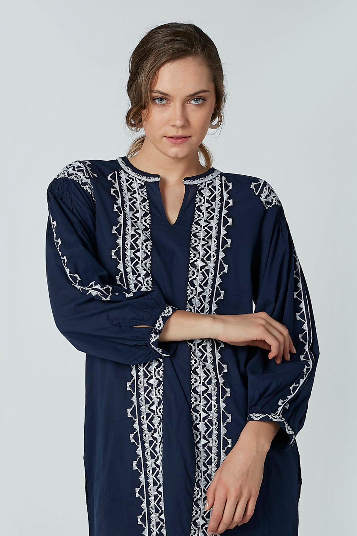 Embroidered Midi Dress with Long Sleeves and Pocket Detail